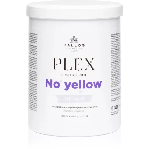 Kallos Plex Bond Builder NO YELLOW hamvasító hajpakoló krém növényi proteinnel és peptid komplex-szel 1000 ml