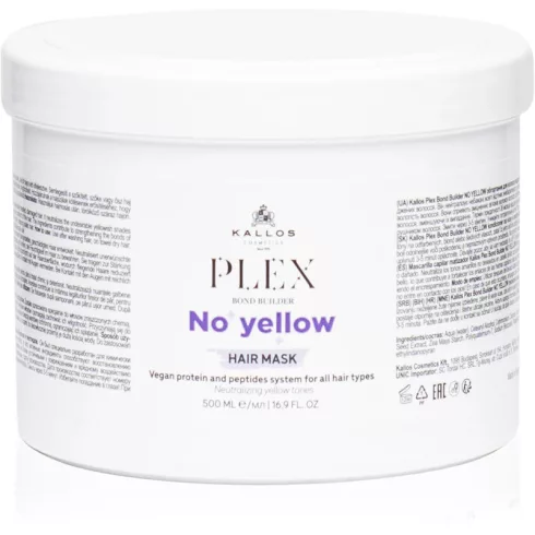 Kallos Plex Bond Builder NO YELLOW hamvasító hajpakoló krém növényi proteinnel és peptid komplex-szel 500 ml