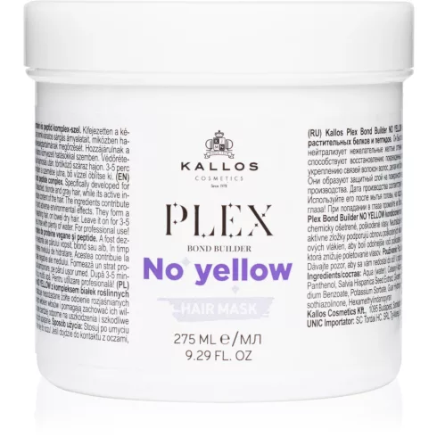 Kallos Plex Bond Builder NO YELLOW hamvasító hajpakoló krém növényi proteinnel és peptid komplex-szel 275 ml