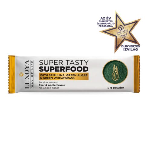 SUPER TASTY SUPERFOOD - KÖRTE-ALMA ÍZESÍTÉSŰ SPIRULINÁT, ZÖLD ALGÁT ÉS ZÖLD BÚZAFÜVET TARTALMAZÓ ÉTREND-KIEGÉSZÍTŐ ITALPOR 12 g