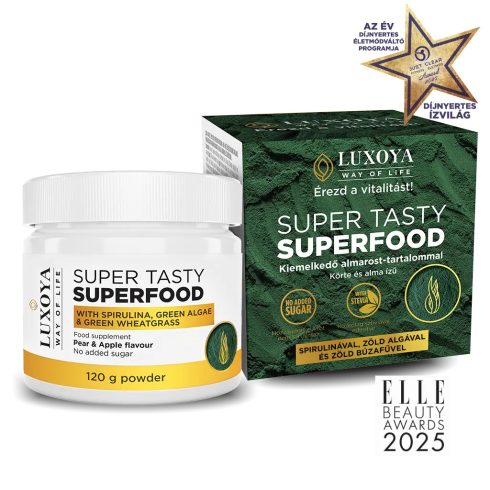 SUPER TASTY SUPERFOOD - KÖRTE-ALMA ÍZESÍTÉSŰ SPIRULINÁT, ZÖLD ALGÁT ÉS ZÖLD BÚZAFÜVET TARTALMAZÓ ÉTREND-KIEGÉSZÍTŐ ITALPOR 120 g