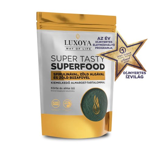 SUPER TASTY SUPERFOOD - KÖRTE-ALMA ÍZESÍTÉSŰ SPIRULINÁT, ZÖLD ALGÁT ÉS ZÖLD BÚZAFÜVET TARTALMAZÓ ÉTREND-KIEGÉSZÍTŐ ITALPOR 300g