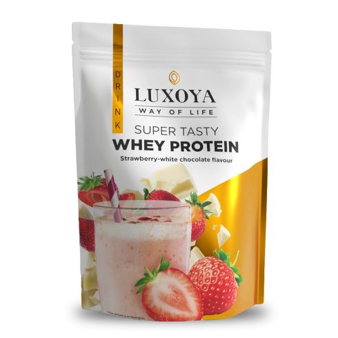 SUPER TASTY WHEY PROTEIN -PRÉMIUM TEJSAVÓ FEHÉRJE ITALPOR 450 g DOY - Eper-fehér csokoládé ízű VALÓDI EPERDARABOKKAL!