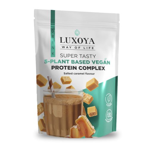 SUPER TASTY 5-PLANT BASED VEGAN PROTEIN COMPLEX - 5 FÉLE NÖVÉNYI FEHÉRJEFORRÁST TARTALMAZÓ VEGÁN FEHÉRJE ITALPOR 450 g - Sós karamella ízű