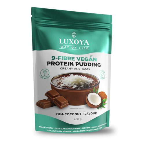 9-FIBRE VEGAN PROTEIN PUDDING - VEGÁN FEHÉRJÉT TARTALMAZÓ ROSTPUDING 9 FÉLE NÖVÉNYI ROSTTAL 450 g Rumos-kókuszos csokoládé ízű