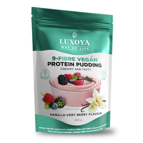 9-FIBRE VEGAN PROTEIN PUDDING - VEGÁN FEHÉRJÉT TARTALMAZÓ ROSTPUDING 9 FÉLE NÖVÉNYI ROSTTAL 450 g - Vanília-erdei gyümölcs ízű