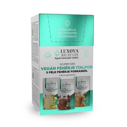 SUPER TASTY 5-PLANT BASED VEGAN PROTEIN COMPLEX - 5 FÉLE NÖVÉNYI FEHÉRJEFORRÁST TARTALMAZÓ VEGÁN FEHÉRJE ITALPOR Gyűjtődoboz 6x30 g (2x3 íz)